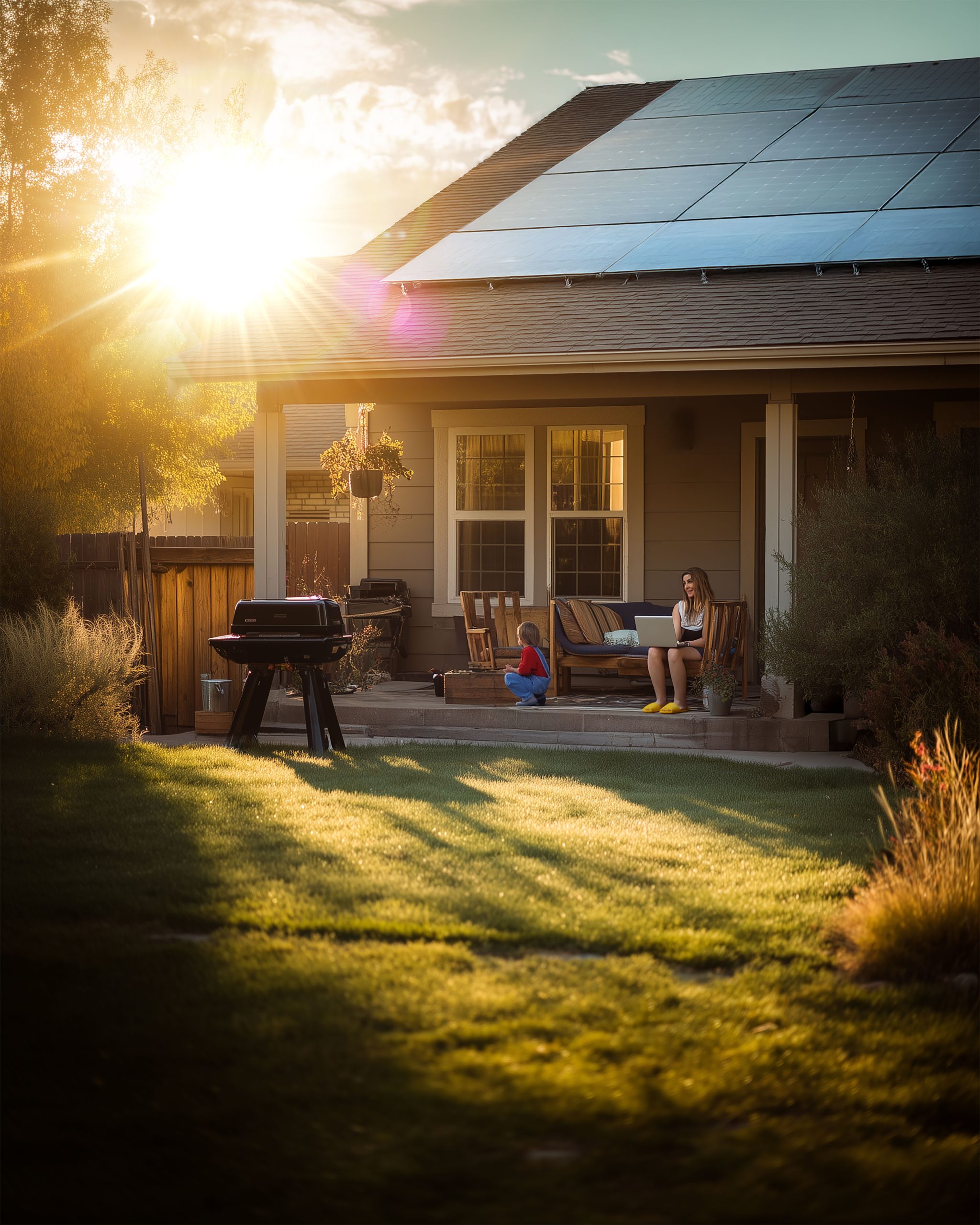 Backyard view of a house at sunset with solar panels on the roof. A person sits at a patio table while another stands near a barbecue grill. Warm sunlight casts long shadows across the lawn.